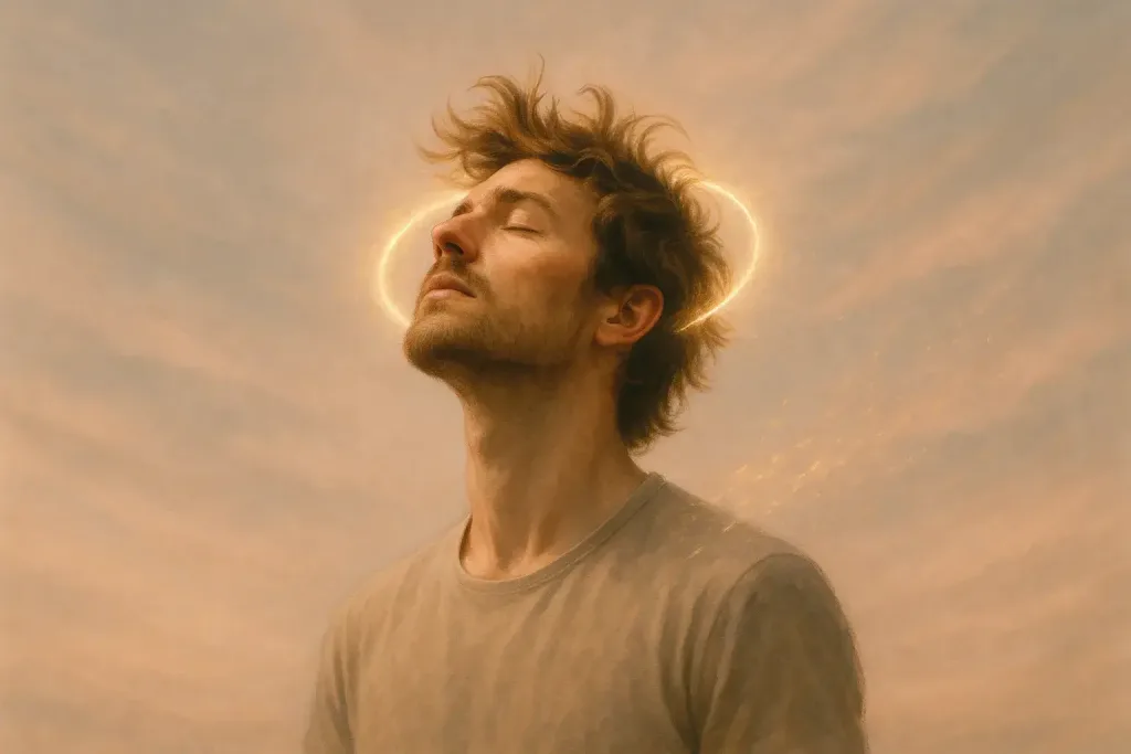 мужчина с растрёпанными волосами и ореолом света