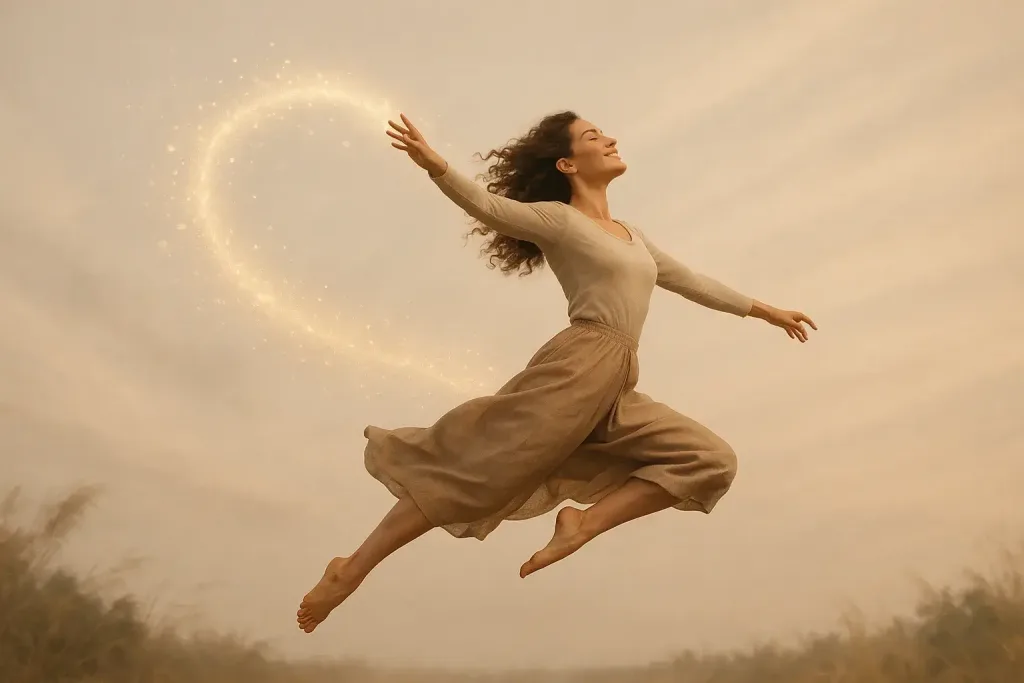 женщина в прыжке с воздушным световым следом