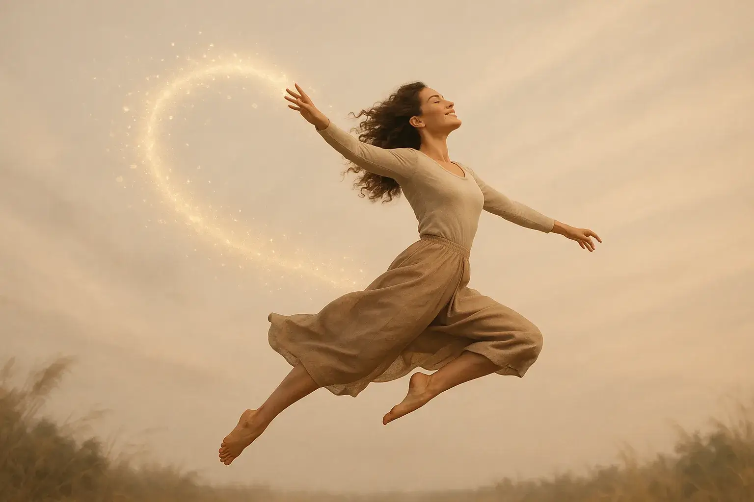 женщина в прыжке с воздушным световым следом