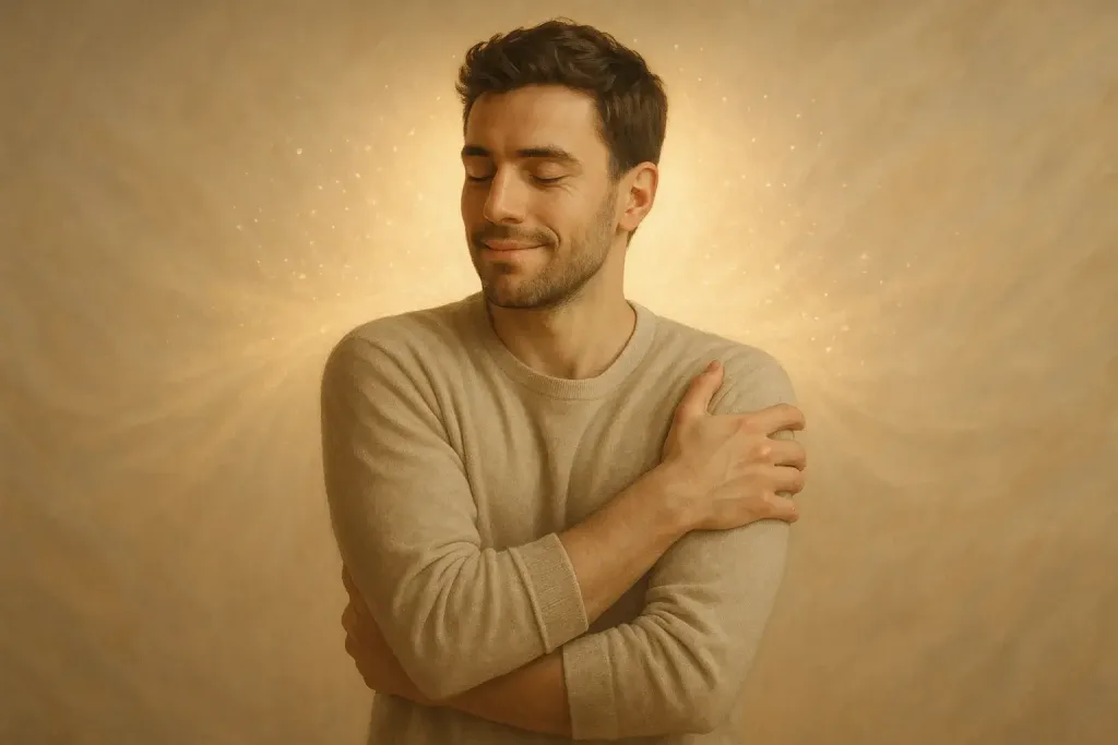 мужчина обнимает себя с мягким светом позади