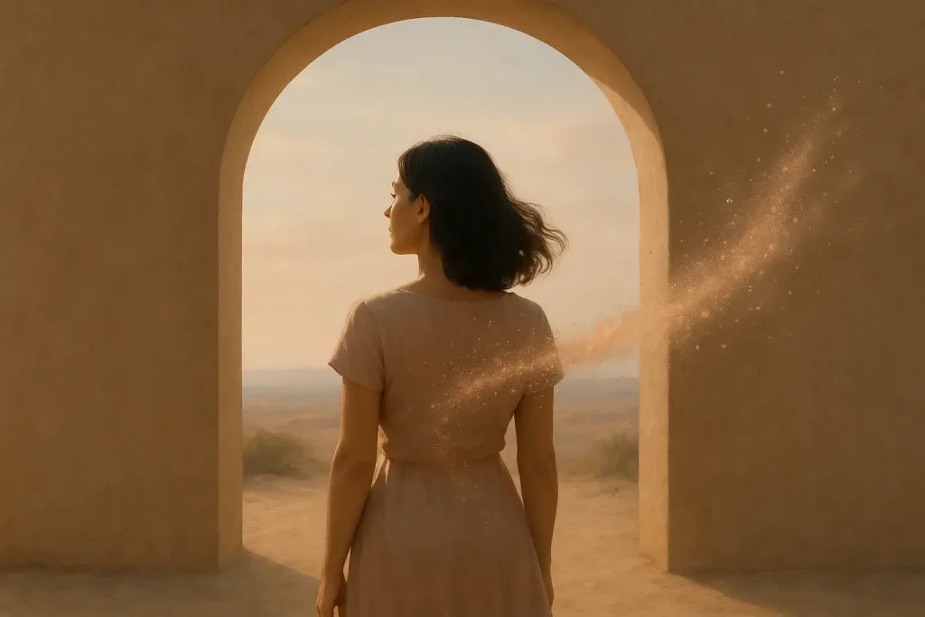 женщина у арки со светлым следом за спиной