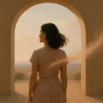 женщина у арки со светлым следом за спиной