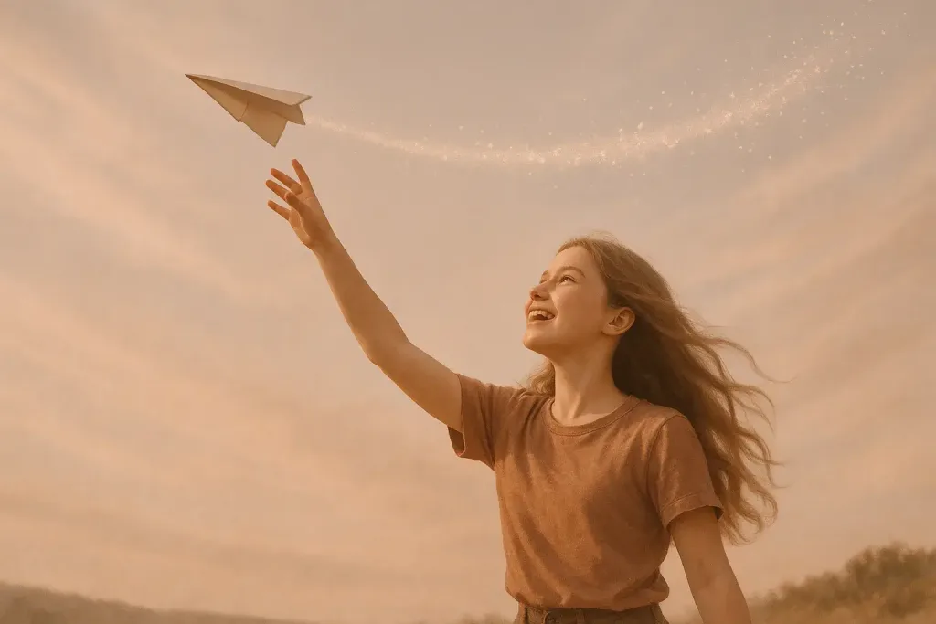 девочка запускает самолётик с блестящим следом
