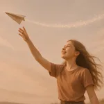 девочка запускает самолётик с блестящим следом