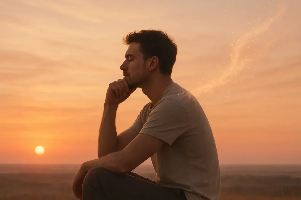 мужчина на рассвете с парящим светом за спиной