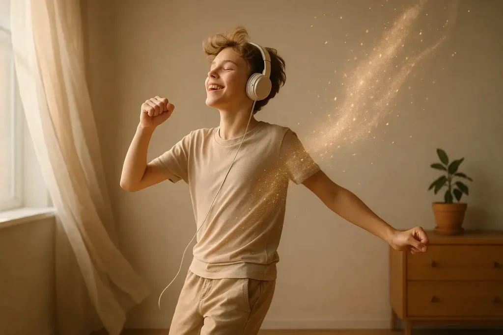 подросток танцует с потоком света вокруг