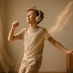 подросток танцует с потоком света вокруг