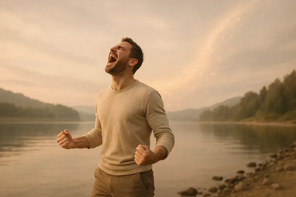 мужчина у озера с ярким светом за спиной