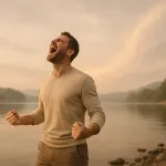 мужчина у озера с ярким светом за спиной