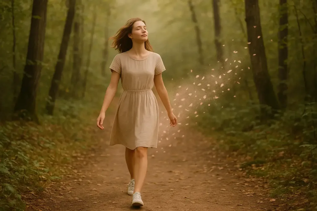 девушка на лесной тропе с лепестками под ногами