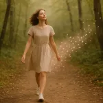 девушка на лесной тропе с лепестками под ногами