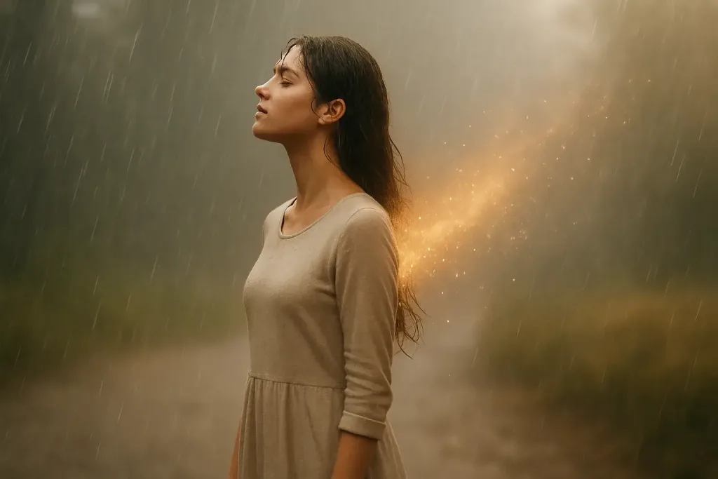 девушка под дождём с тёплым светом за спиной