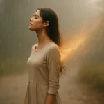 девушка под дождём с тёплым светом за спиной