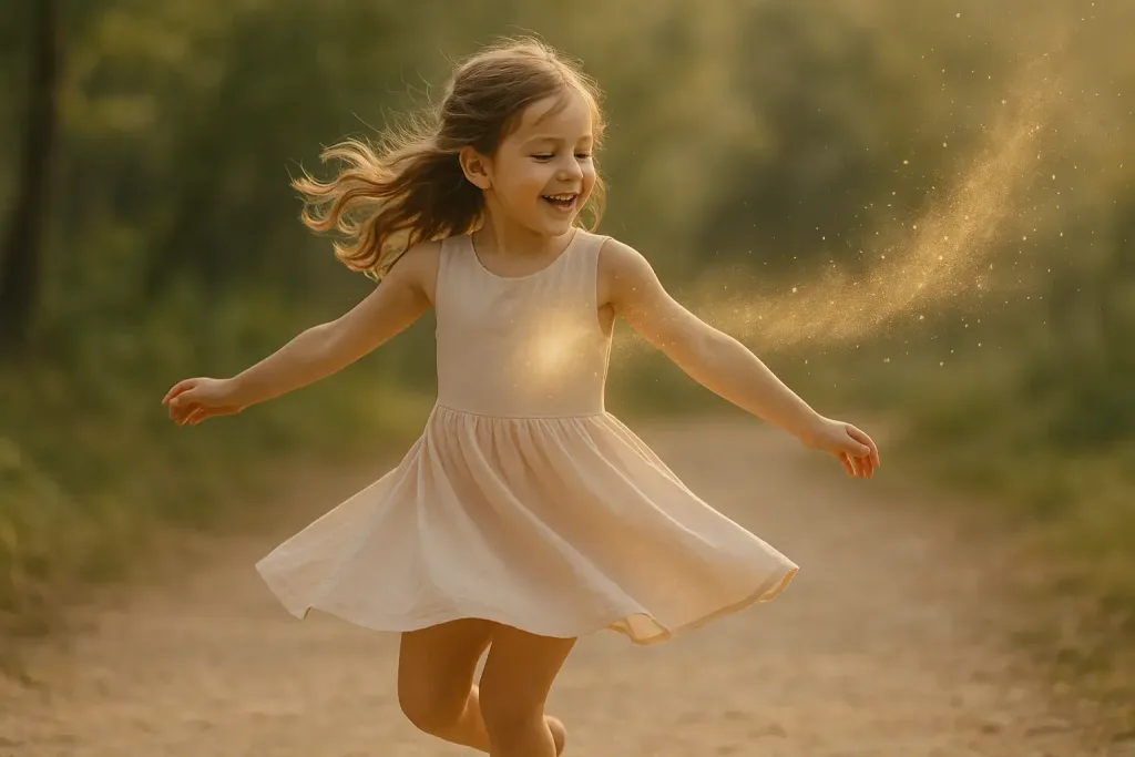 девочка в движении с золотым шлейфом позади