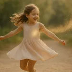 девочка в движении с золотым шлейфом позади