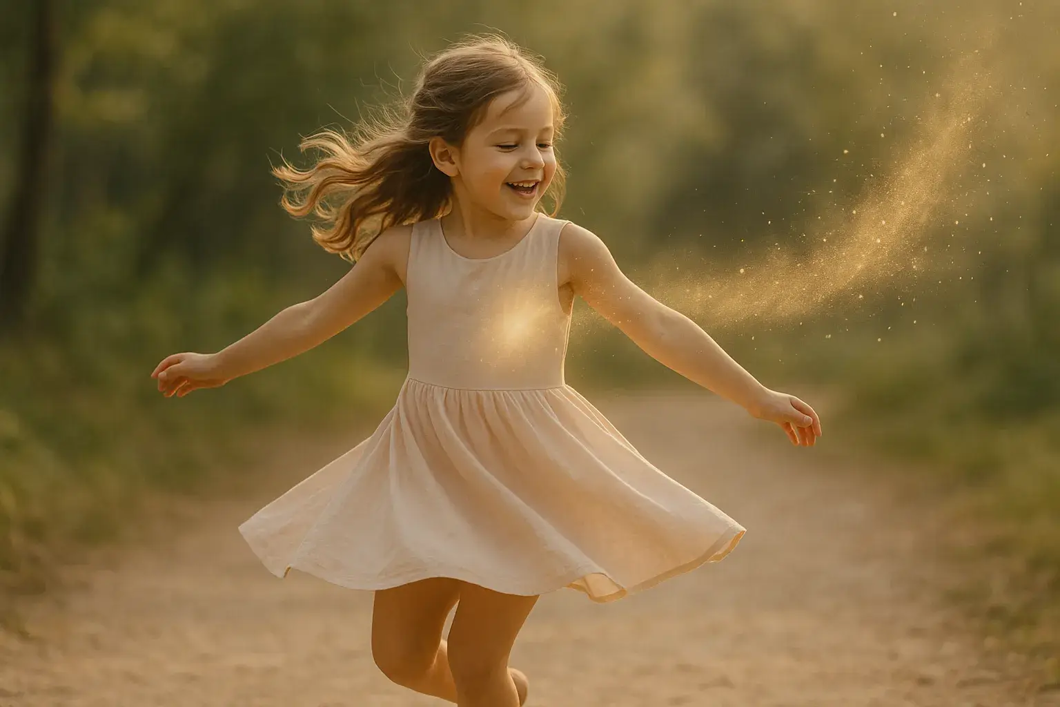 девочка в движении с золотым шлейфом позади