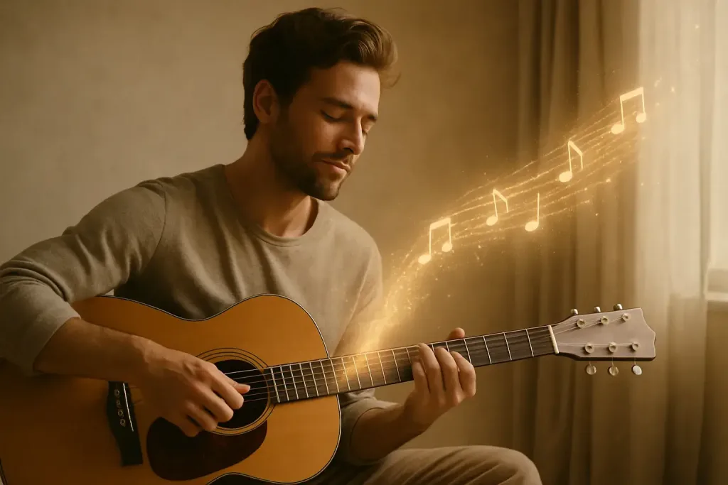 мужчина играет на гитаре со световыми нотами