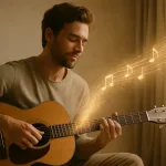 мужчина играет на гитаре со световыми нотами