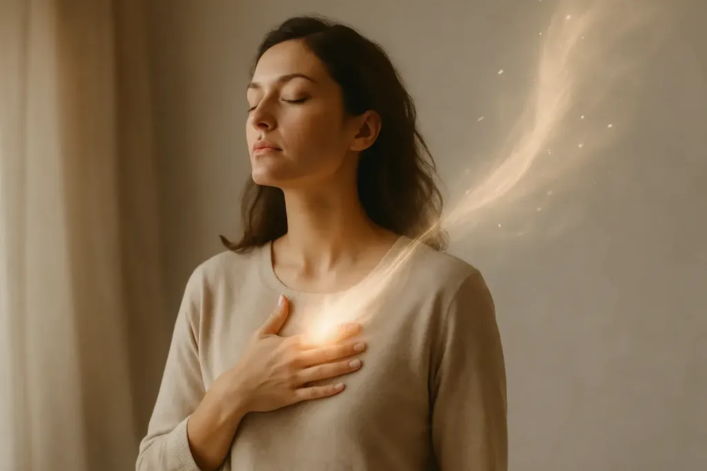 женщина с рукой у сердца и светом, исходящим из груди