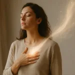 женщина с рукой у сердца и светом, исходящим из груди