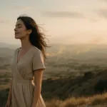 женщина на холме с воздушным светом за спиной