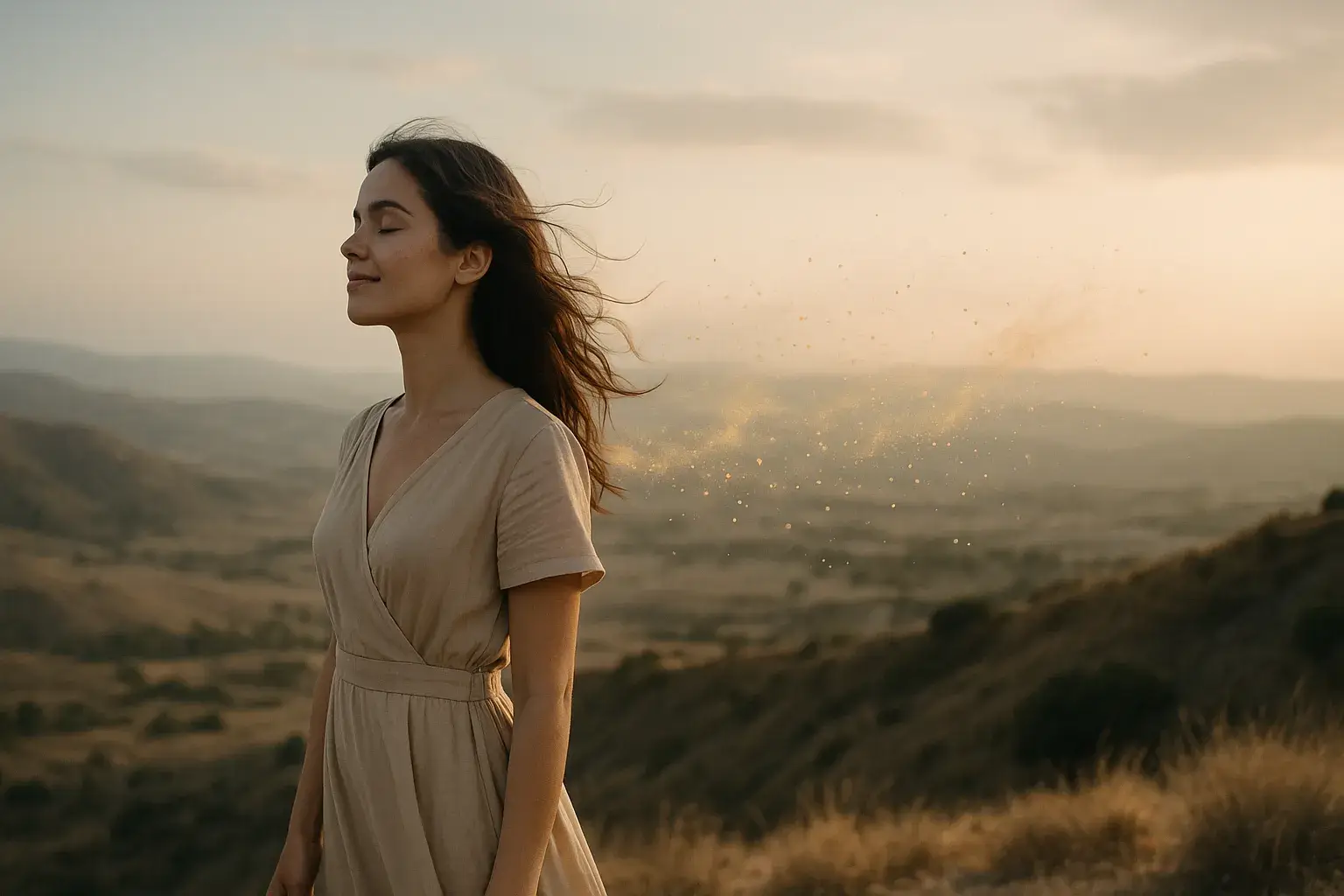 женщина на холме с воздушным светом за спиной