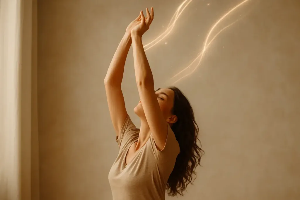 женщина тянется вверх с лентами света