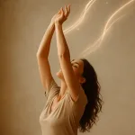 женщина тянется вверх с лентами света