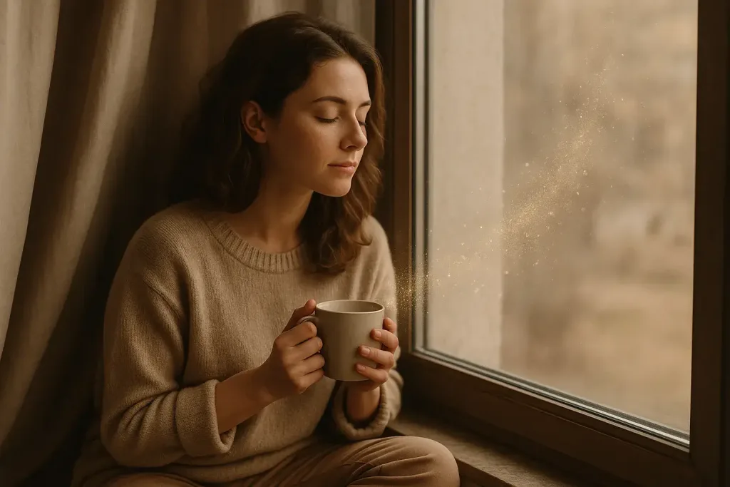 женщина у окна с чашкой и пыльцой в воздухе
