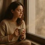 женщина у окна с чашкой и пыльцой в воздухе